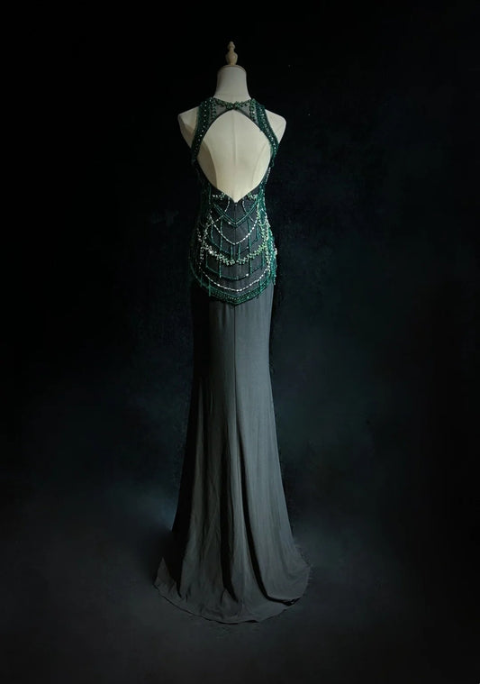 Vintage Prom Dresses Mermaid Scoop With Sparkle Beaded Backless Black 80s Evening Formal Dress RB3270