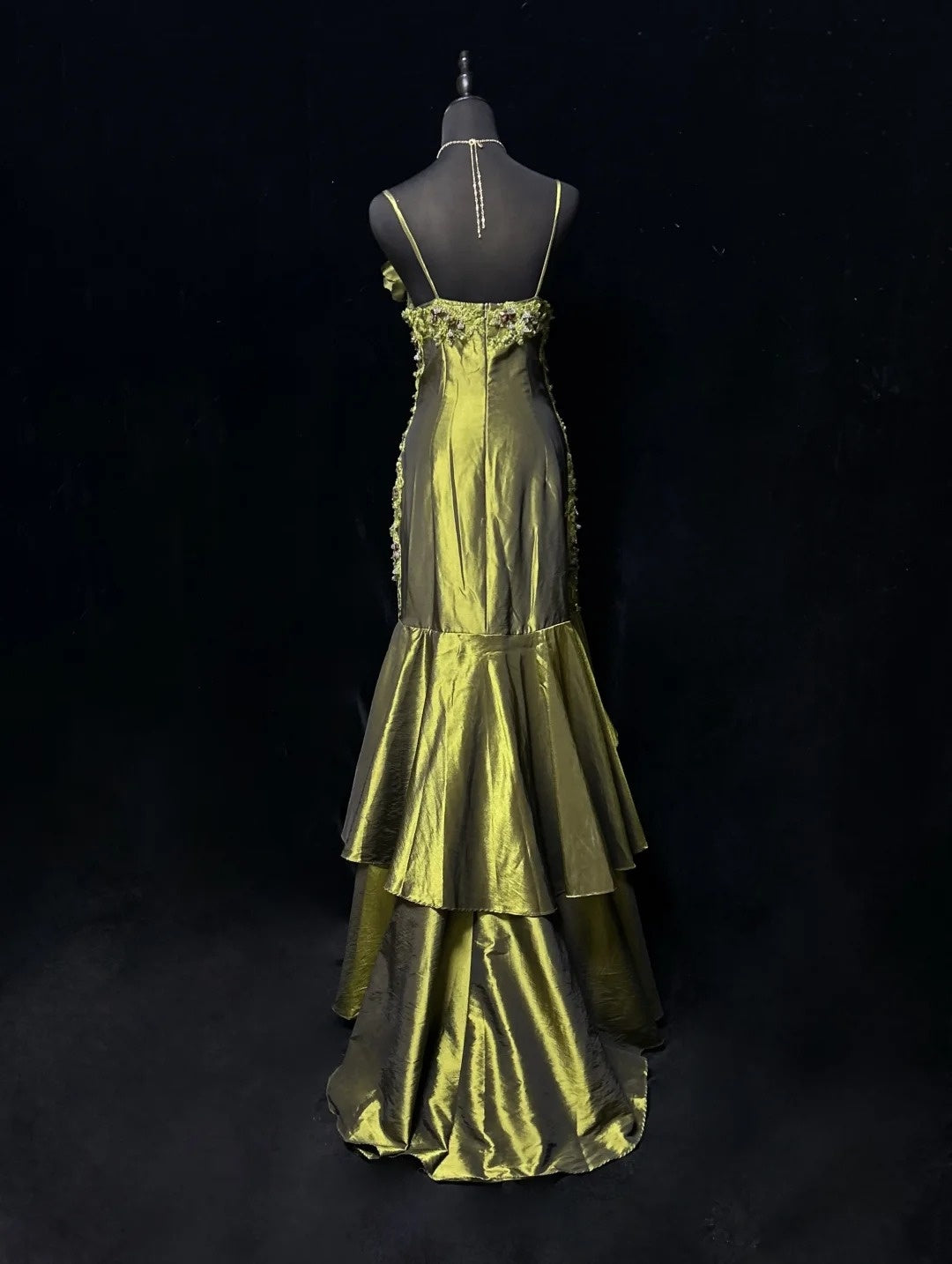 Vintage Meerjungfrau 2000er Spaghettiträger Olivgrün Satin Festliches Kleid Lange Ballkleider N2575