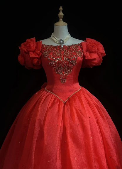 Vintage Prom Dresses Ball Gown Square Neck Red Organza Long 70s Beads Formal Gown N2606