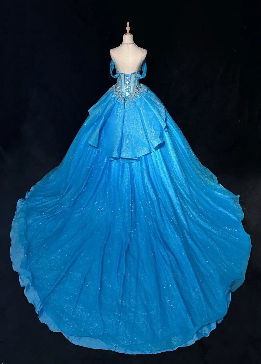 Princess Ball Gown Off The Shoulder Blue Tulle With Appliqued Lace Sweet 16 Dresses Quinceanera Dress RB3289