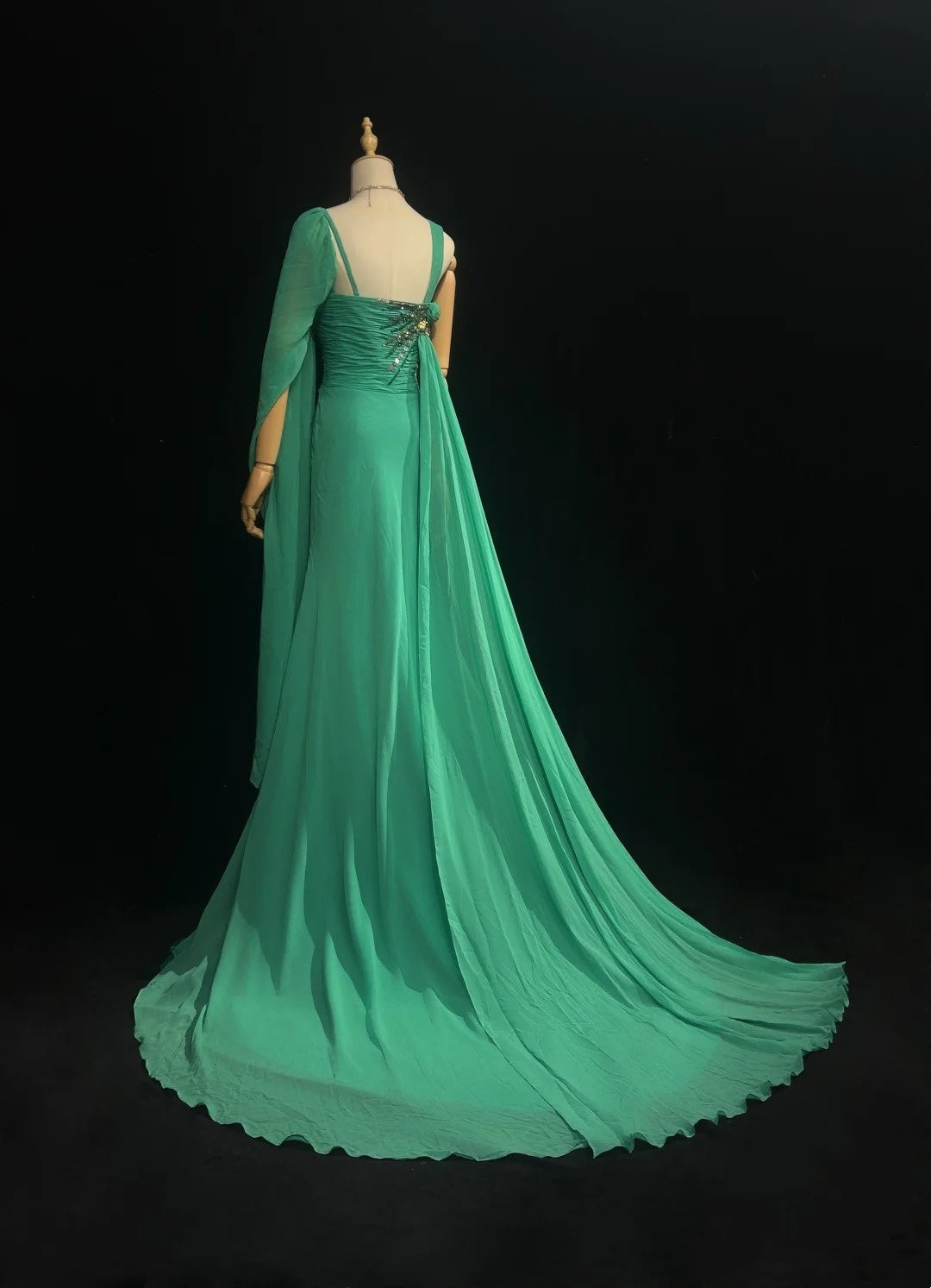 Elegantes Meerjungfrauen-Abendkleid mit One-Shoulder, grünem Chiffon und silbernem Perlenoberteil, langes Ballkleid N2726