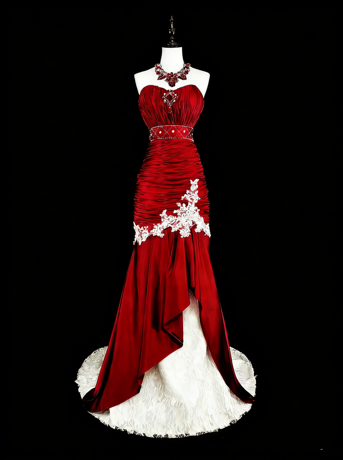 Robes de bal vintage sirène bustier en satin bordeaux avec dentelle blanche longue robe de soirée N2377