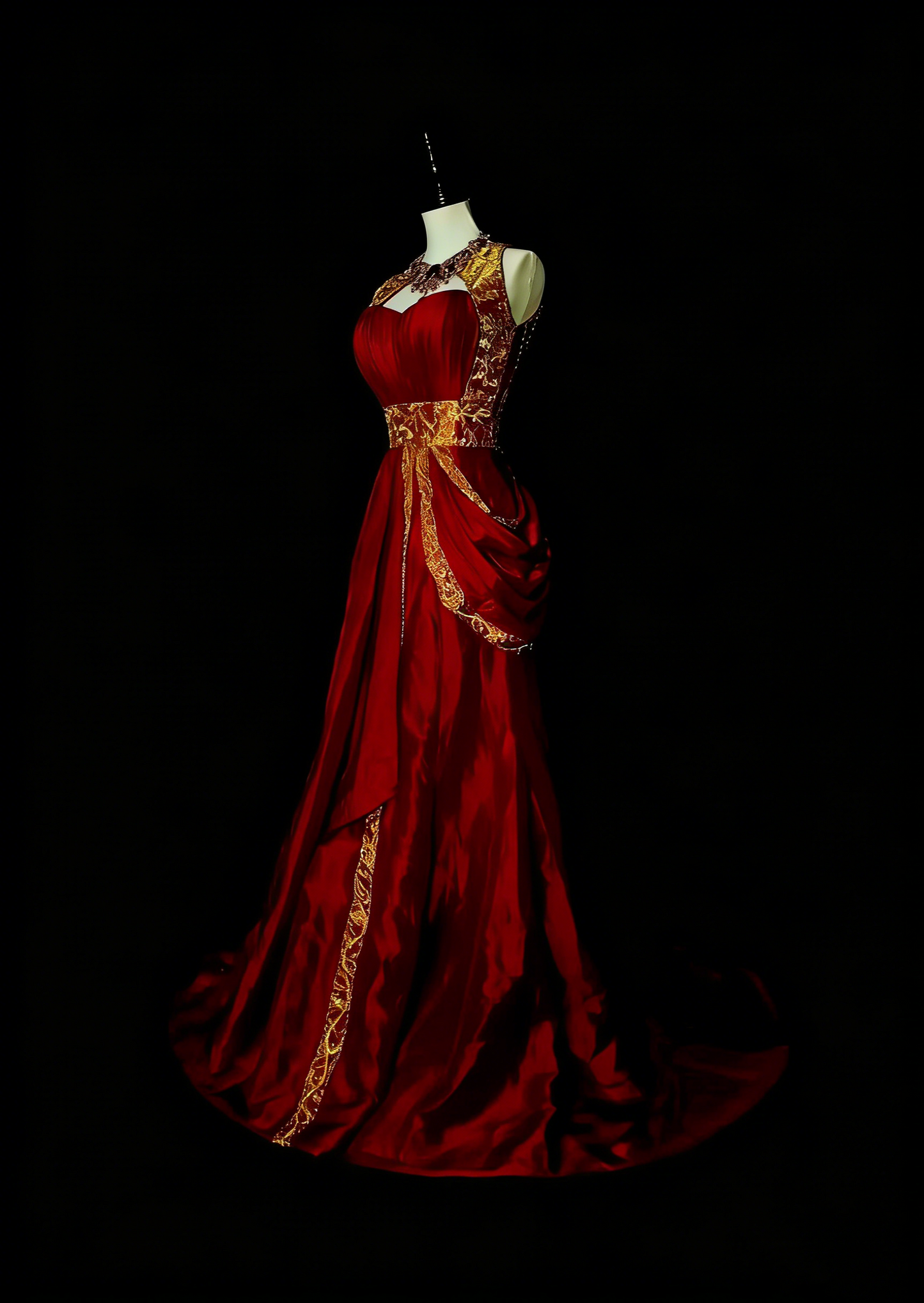 Elegantes, ärmelloses, bordeauxrotes A-Linien-Abendkleid mit goldenen Applikationen und goldenen Applikationen, langes Abendkleid für die Oberstufe (N1369)