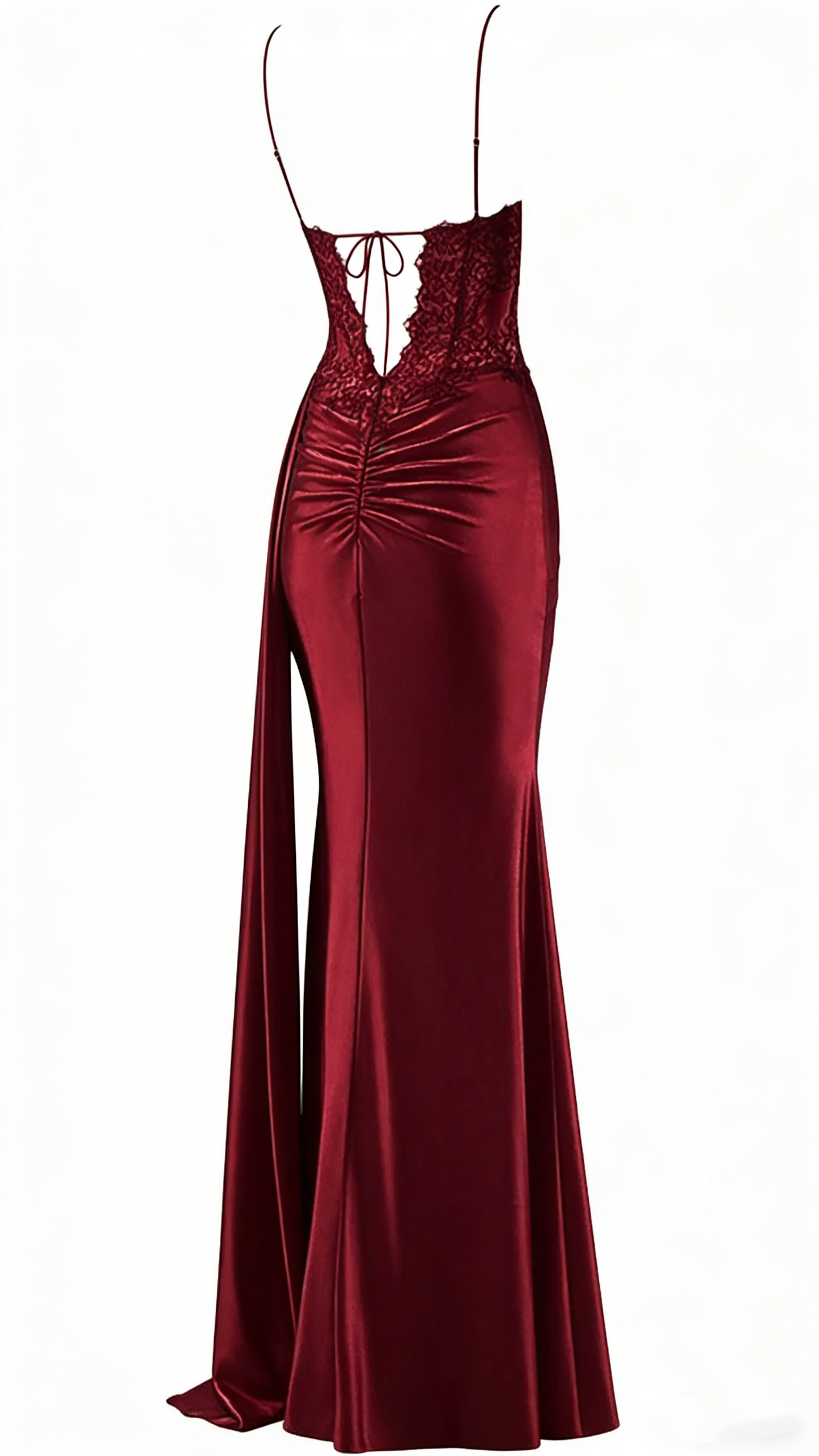 Robe de bal sirène modeste à bretelles spaghetti bordeaux fendue en dentelle, robe longue de soirée, tenue d'anniversaire, robe de remise de diplôme pour adolescentes RB1168