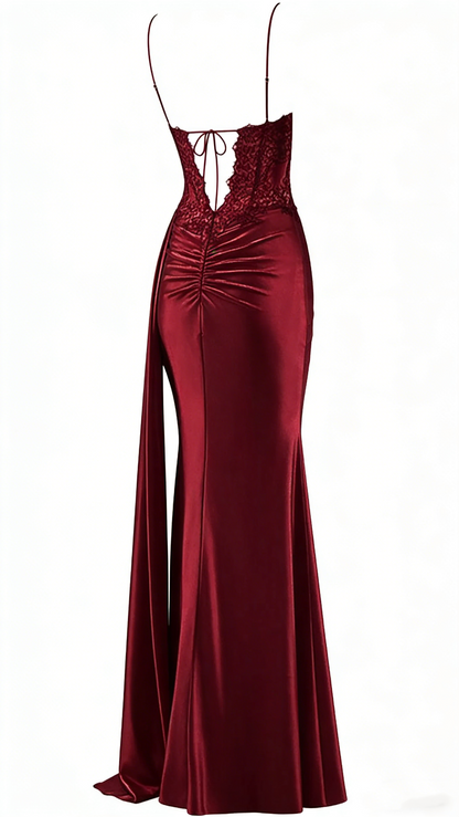 Robe de bal sirène modeste à bretelles spaghetti bordeaux fendue en dentelle, robe longue de soirée, tenue d'anniversaire, robe de remise de diplôme pour adolescentes RB1168