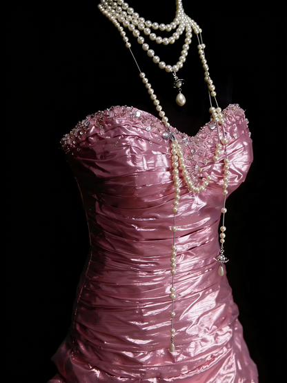 Vintage Meerjungfrauen-Abendkleid mit Herzausschnitt, rosa, ärmellos, 80er-Jahre-Stil, langes formelles Abendkleid N1443