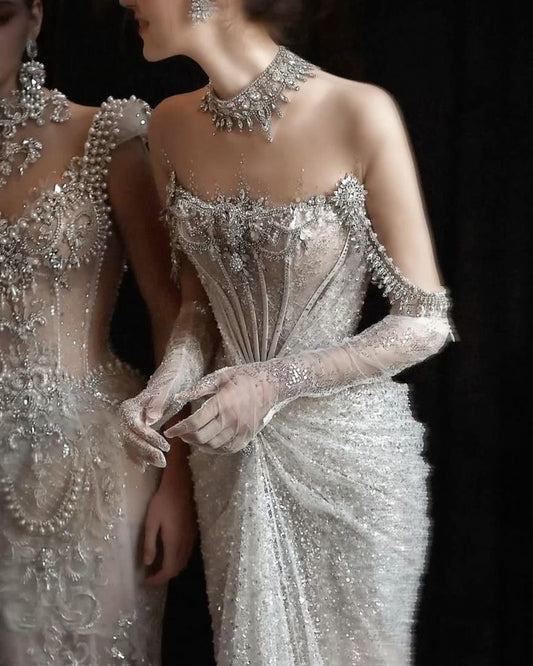 Bezauberndes Meerjungfrauen-Abendkleid mit hohem Kragen, langen Ärmeln und Perlenstickerei für Damen AB1512