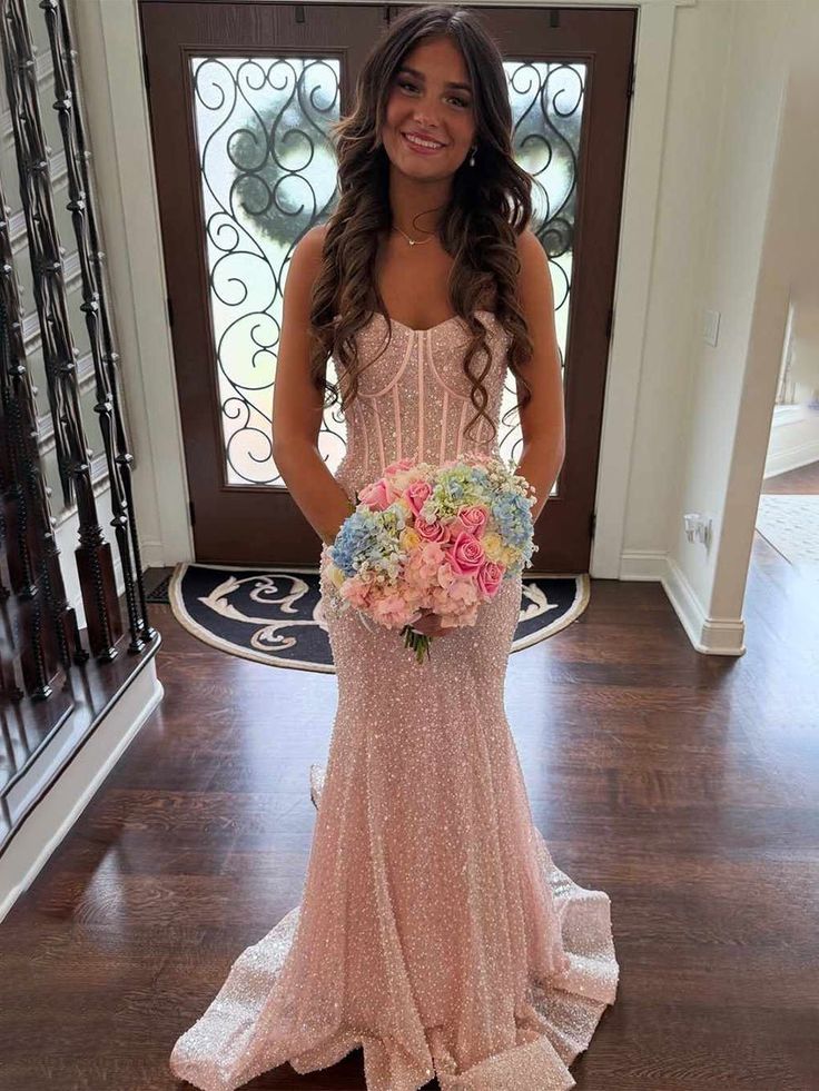 Robe de bal sirène longue à sequins rose poudré brillants, bretelles spaghetti et perles - RB1672