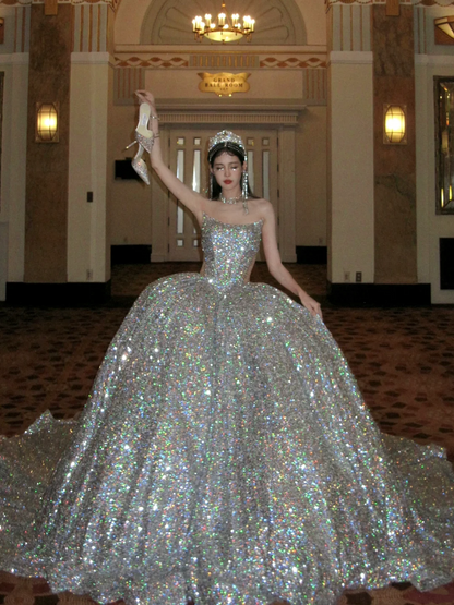 Funkelndes, trägerloses, langes Pailletten-Ballkleid in Silber für Quinceañera, Geburtstag, Luxus, Sweet 15, 16, Geburtstag, N072