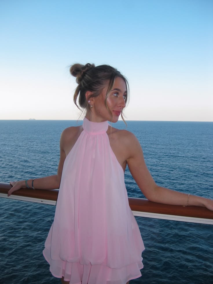 Sweet A Line Halter Pink Chiffon Birthday Outfits Mini Party Gown inspo Short Cocktail Hoco Dresses RB6078