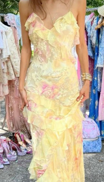 Einzigartiges Meerjungfrauen-Abendkleid mit Spaghettiträgern aus gelber Spitze und Chiffon, langes Partykleid zum 21. Geburtstag, Abschlusskleid N901