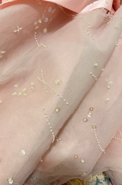 Robe de bal longue rose, sans manches, coupe trapèze, ornée de perles, N588