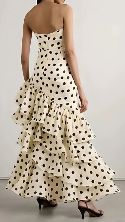Sweetheart Black Polka Dots Chiffon Prom Dresses With Pleated And Ruffles Formal Dresses N592