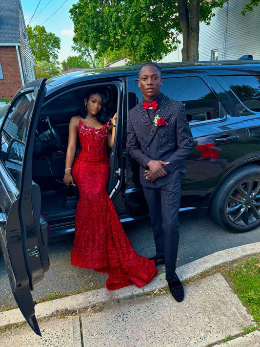 Sparkly Mermaid Strapless Red Sequin With Pleated Beads Long Prom Dresses Formal Gown Inspo Evening Outfit AB779