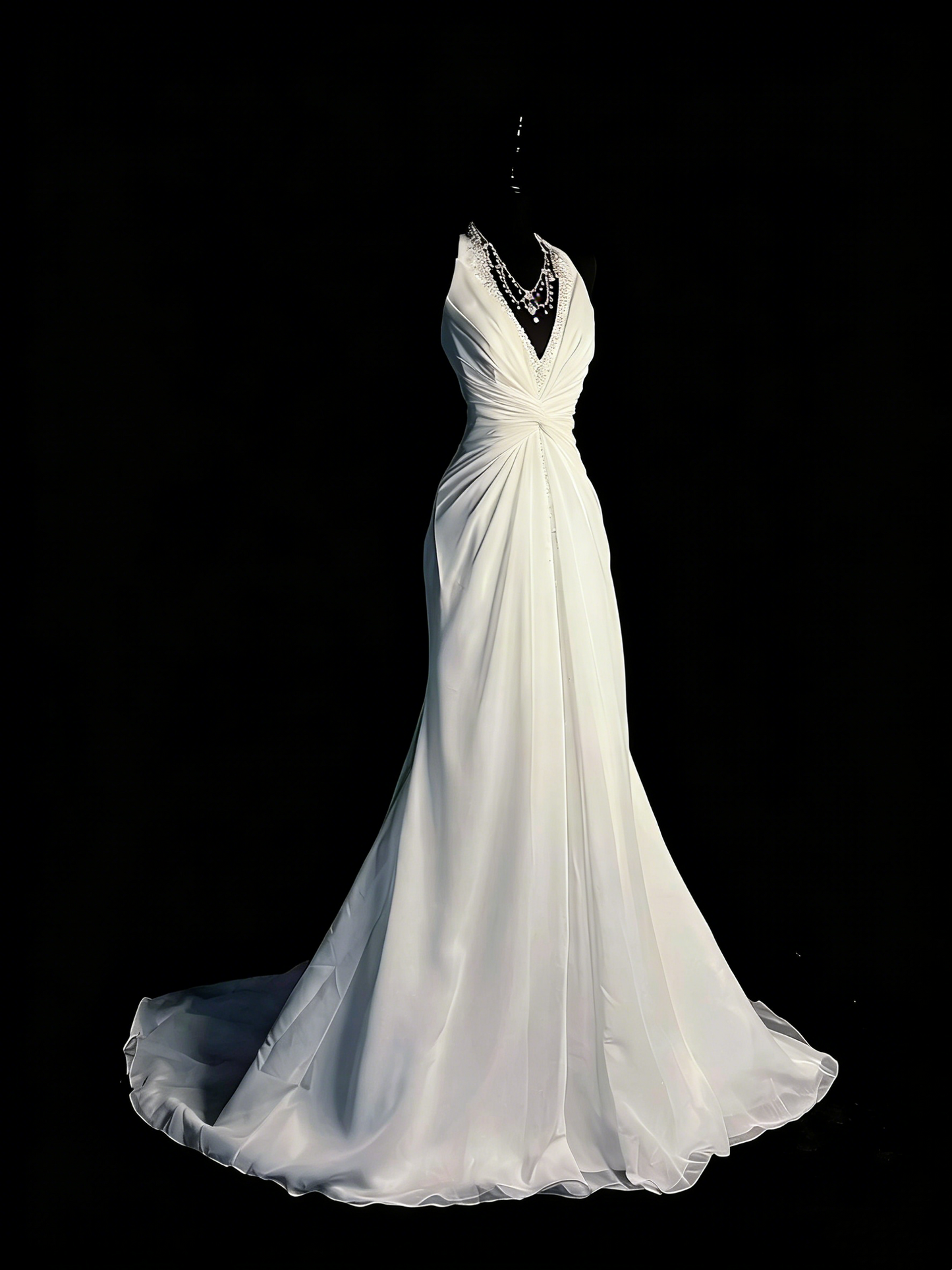 Robe de bal longue en mousseline blanche à col en V, style sirène, pour adolescentes (N1184)