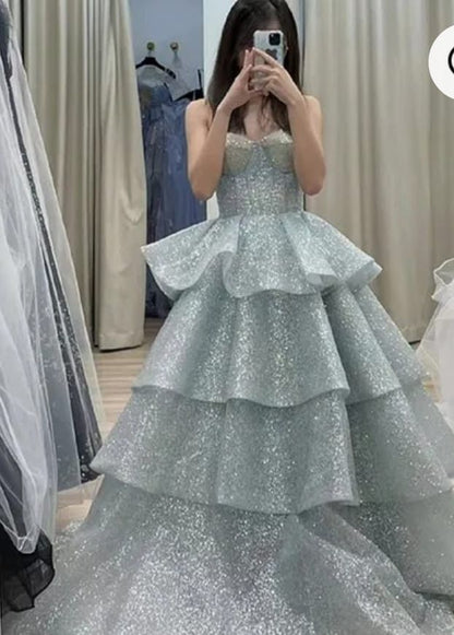 Elegantes Ballkleid mit Herzausschnitt, hellblau, Pailletten, lang, formell, schick, für Abschlussball, Abendveranstaltung, Dinnerpartys, für Teenager AB2180
