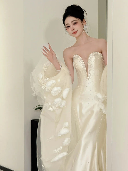 Charming Wedding Dresses Mermaid Sweetheart White Satin Long Brides Dress For Brides Fitted Bridal Gowns AB2473