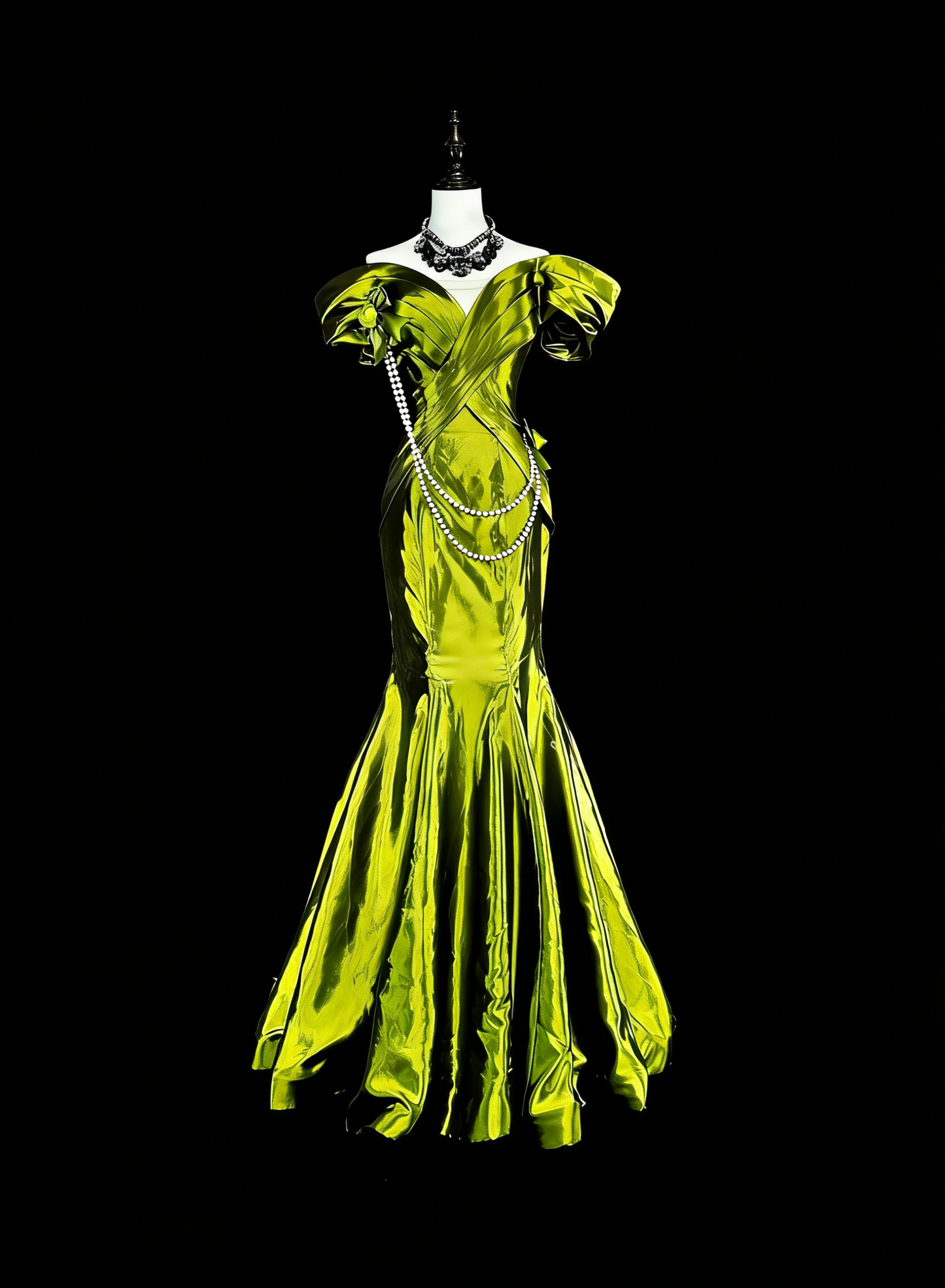 Robes de bal de rêve vintage années 90 rétro épaule dénudée vert olive satiné longues tenues de soirée N2366