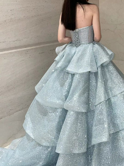 Elegantes Ballkleid mit Herzausschnitt, hellblau, Pailletten, lang, formell, schick, für Abschlussball, Abendveranstaltung, Dinnerpartys, für Teenager AB2180