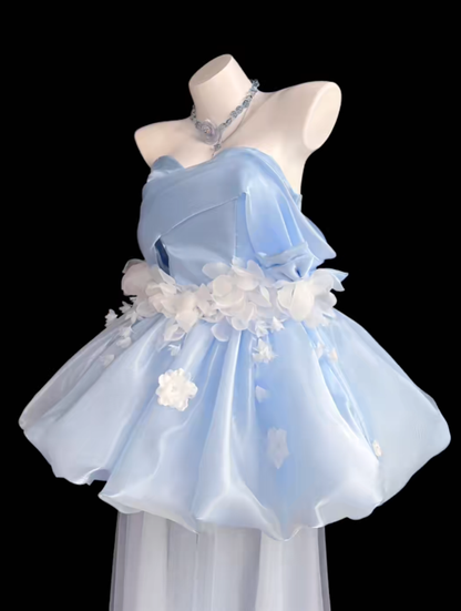 Pretty Ball Gown Off The Shoulder Blue With White Flowers Mini Short Party Homecoming Dress Senior High School Ideas Inspo Short Birthday Outfits RB7324