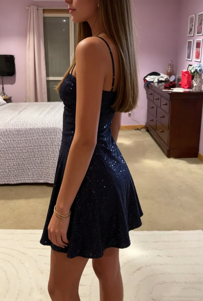 Shiniest Star Pailletten-Minikleid A-Linie Marineblau Pailletten-Abschlusskleider High School für 8. Klasse Homecoming-Kleid RB3323