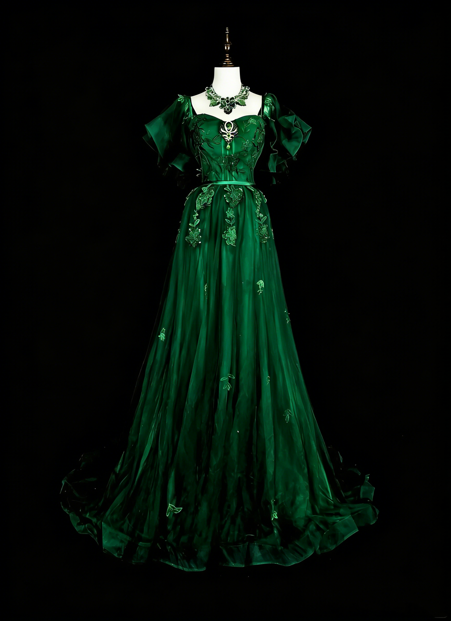 Robe de bal longue vintage vert foncé à bretelles spaghetti et dentelle perlée, coupe trapèze, référence N1827