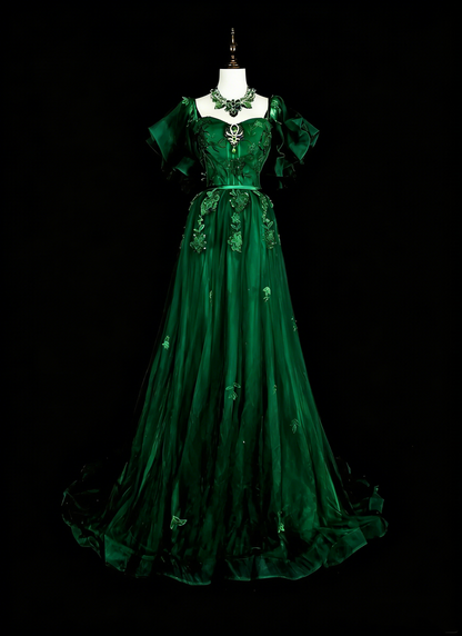 Robe de bal longue vintage vert foncé à bretelles spaghetti et dentelle perlée, coupe trapèze, référence N1827