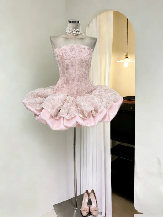 Modest Ball Gown Strapless Pink Lace Short Mini Senior Inspo 16th Birthday Outfits Homecoming Dresses RB3973