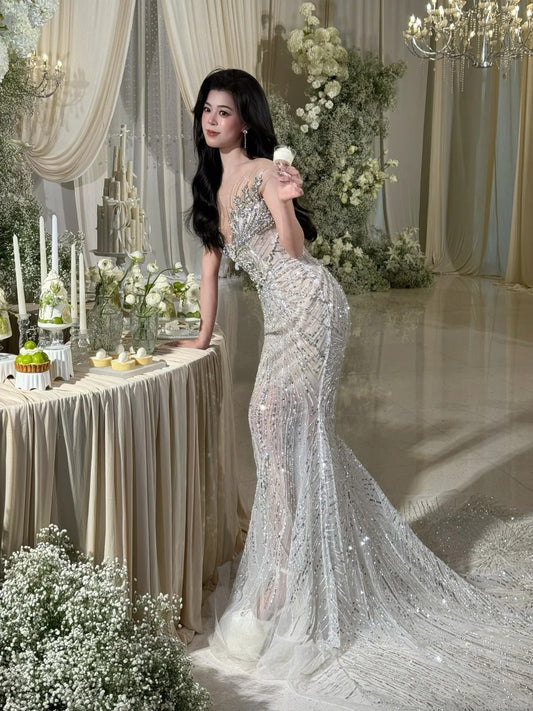 Luxurious Wedding Dresses Mermaid Scoop Neck With Cape Sequins Brides Dress For Brides Fitted Bridal Gowns AB2471