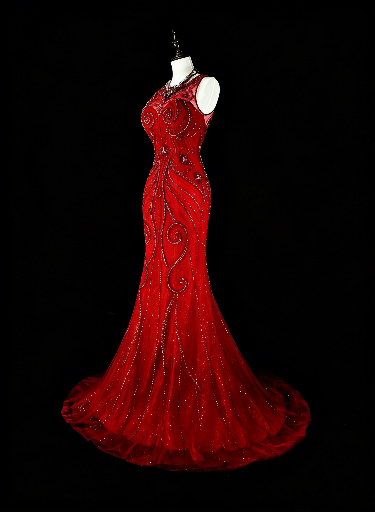 Robe de soirée sirène vintage en tulle rouge, style années 80, robe de bal longue N1759