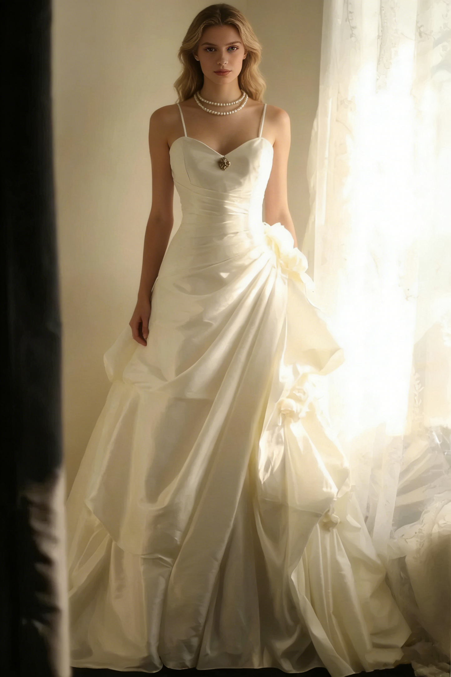 White Simple Spaghetti Strap Ball Gown Satin Train Wedding Dress RF0405