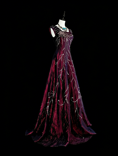 Robes de bal vintage Trapèze Col carré Violet avec perles Robe longue de soirée années 1970 N2700