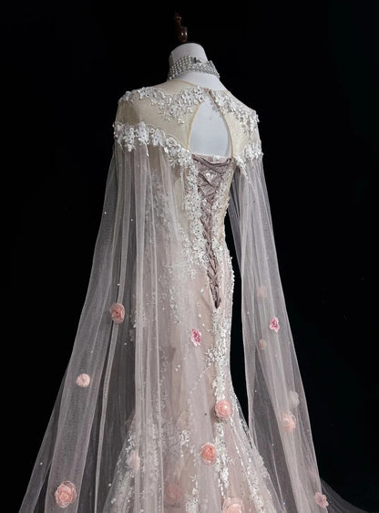 Vintage Abschlussballkleider Inspo Meerjungfrau Rundhals Rosa Spitze 1990er Mit Blumen Cape Abendkleider N3317