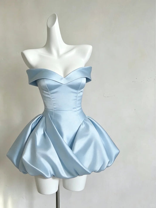 Cute Ball Gown Off The Shoulder Blue Satin Graduation Dresses High School For 8th Grade Senior Inspo Homecoming Dress RB3288