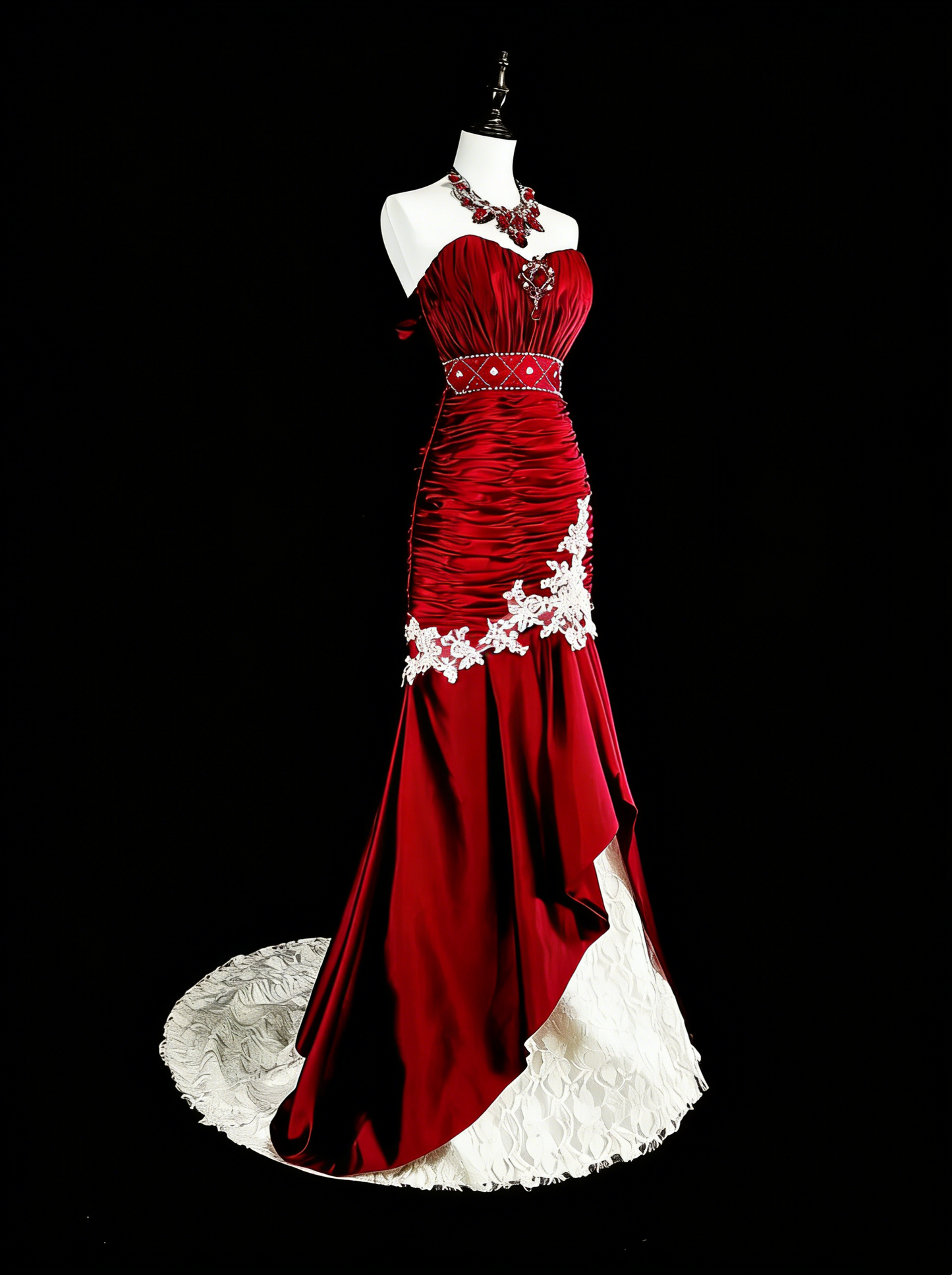 Robes de bal vintage sirène bustier en satin bordeaux avec dentelle blanche longue robe de soirée N2377