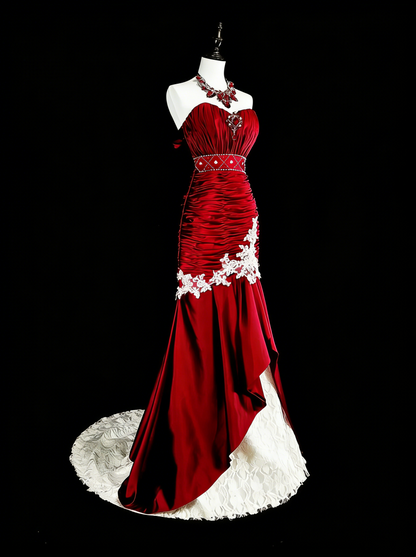 Robes de bal vintage sirène bustier en satin bordeaux avec dentelle blanche longue robe de soirée N2377