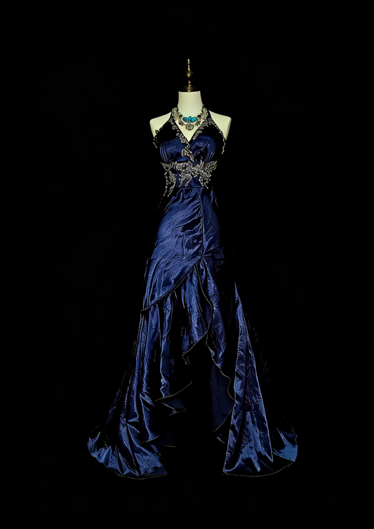 Robe de bal d'été vintage bleu marine à col halter sirène ornée de perles et d'une longue cravate noire, idéale pour les soirées formelles de printemps (N1421)