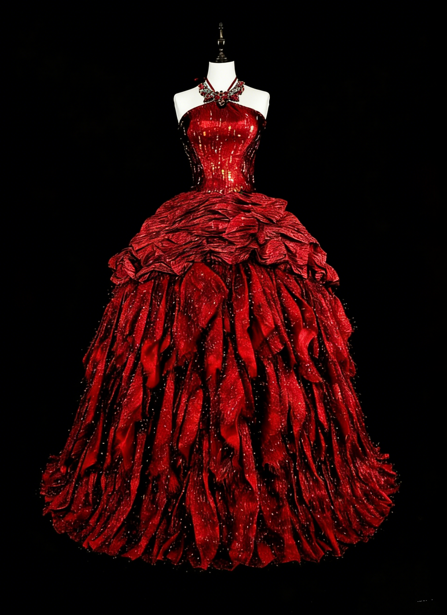 Modest Prom Dresses Ball Gown Halter Burgundy Taffeta With Ruffled Long Quince Dress N3067