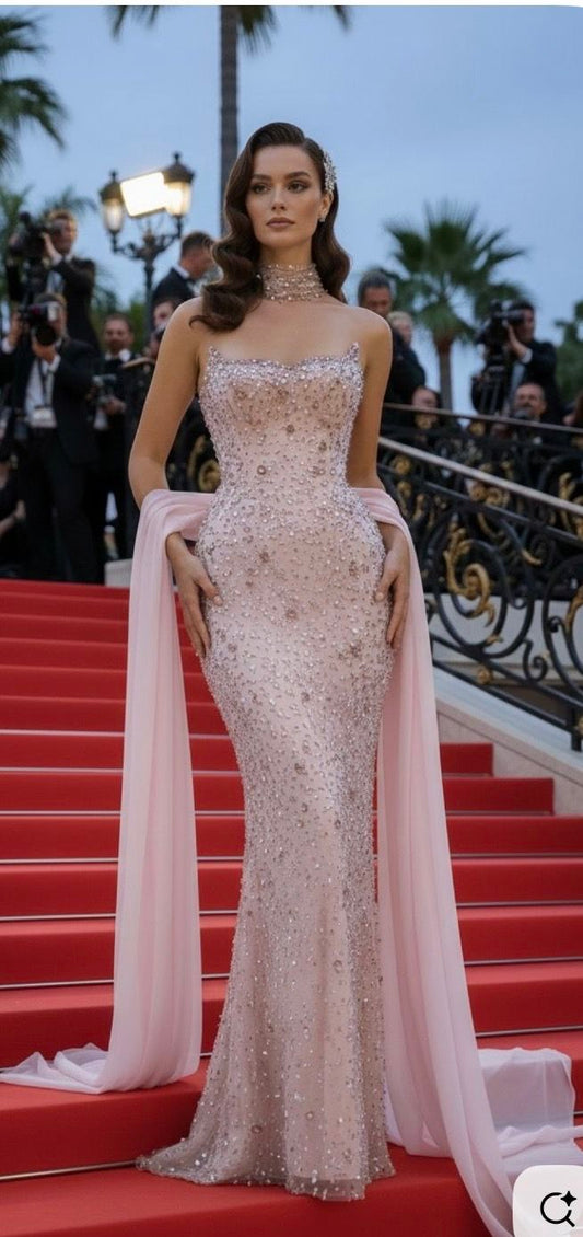 Stunning Mermaid Strapless Pink Sequined Long Prom Dresses Evening Outfits Formal Dress N999