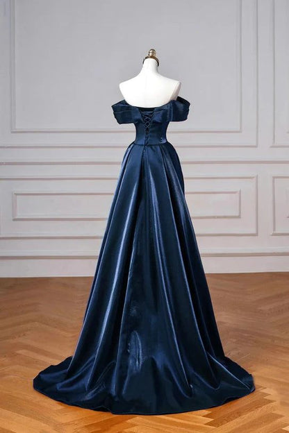 Marineblaues Ballkleid, schulterfreies Abendkleid mit abnehmbarer Schleppe, Modell N1853