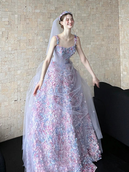 Prinzessinnen-Ballkleid mit eckigem Ausschnitt, lila Spitze und Blumenmuster, langes Abendkleid, modisch-ästhetisch für Teenager, formelle Kleider, Party-Outfits, Ballkleid AB2222
