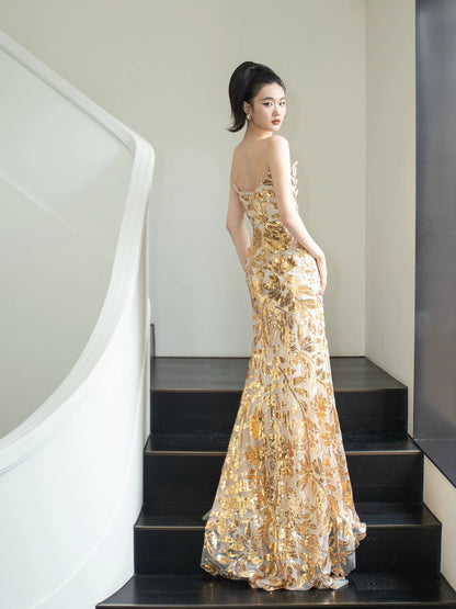 Glitzerndes Meerjungfrauen-Kleid, trägerlos, goldfarben, ärmellos, Inspiration für lange Abendoutfits, Outfits zum 18. Geburtstag AB2220