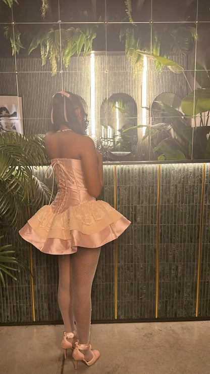 Pretty Ball Gown Drop Waist Sweetheart Lace Satin Pink For Black Women Party Dress Short Mini 23rd Birthday Dresses Hoco Outfit RB3638