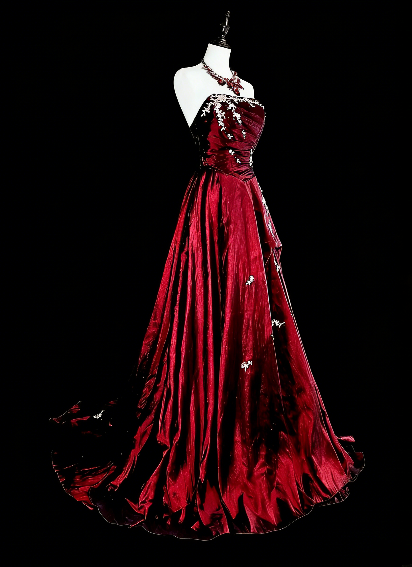 Vintage-Abendkleider im Stil der 1950er Jahre: Elegantes, trägerloses, burgunderrotes Ballkleid in Langform – Inspiration für die Abendgala (Modell N1996)