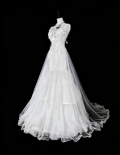 Vintage Abschlussballkleider Ästhetik 1950er Jahre Retro Meerjungfrau Weiß Tüll Spitze Langes Partykleid N2367