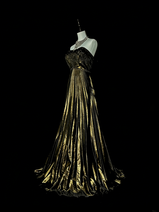 Robe de bal d'été longue, bustier, coupe trapèze, or et noir, ornée de perles, style vintage, pour lycéennes et grandes occasions (N1424)