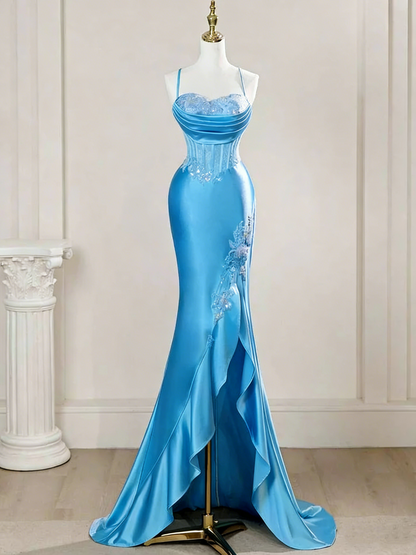 Robe de bal longue plissée en satin bleu satiné à fines bretelles sirène élégantes (Vestidos De Dia AB591)