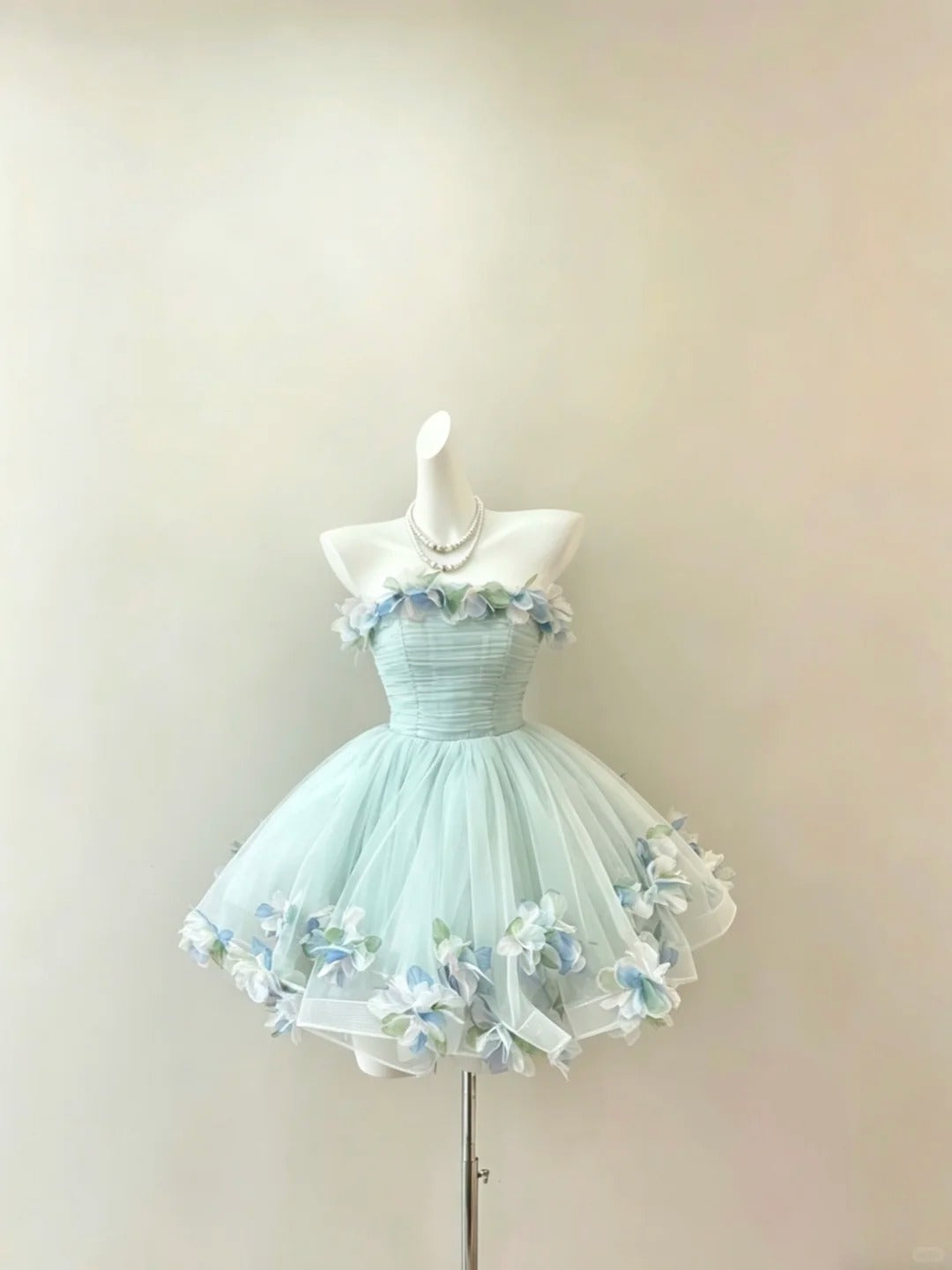 Romantisches Ballkleid, trägerlos, mintgrün-blau mit Blumen, Lolita-Kleid, Heimkehrkleid, Hoco-Outfits RB4705