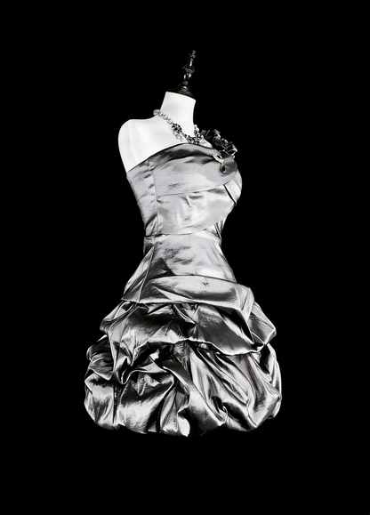 Robes de Bal Uniques Épaule Dénudée Gris Argent Mini Courtes Robes de Soirée de Retour à la Maison Robes de Cocktail Hoco N3071