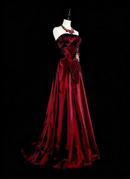 Vintage A-Linien-Abendkleid aus burgunderrotem Satin im Stil der 90er Jahre, trägerlos, formell, Geburtstagskleid, langes Ballkleid N1760